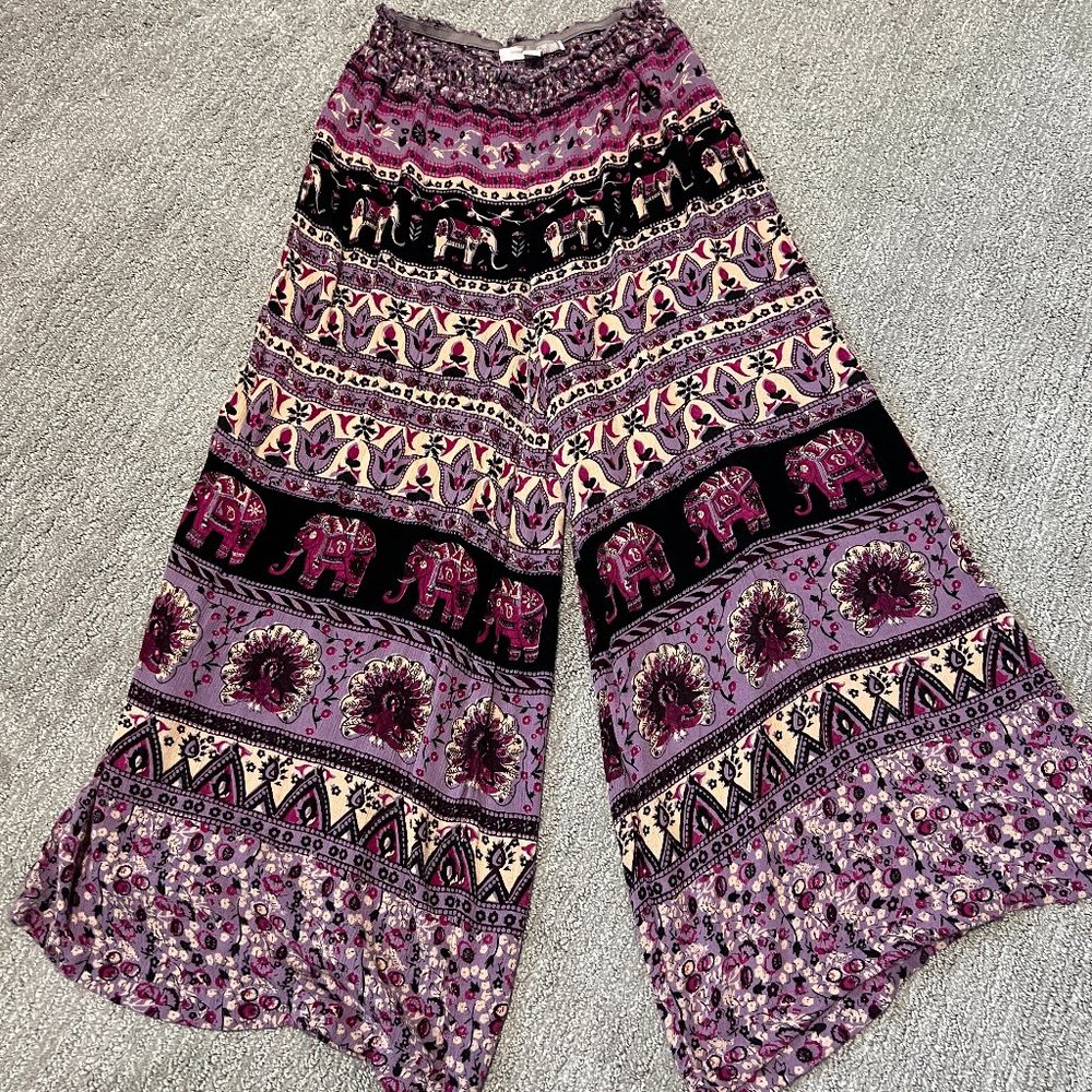 Forever 21 Pants Womens XS Purple Elephant Pattern Boho Elastic Waist Maxi